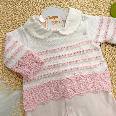 Macacão Beth Bebê de malha com tricot Listrinhas - Rosa